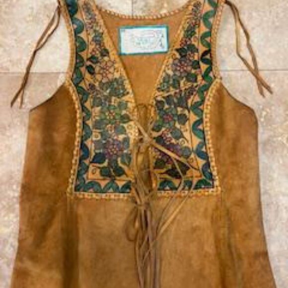 70s Char Leather & Suede Hand Painted Floral Vest Hippie Boho Bohemian Woodstock - Picture 3 of 9